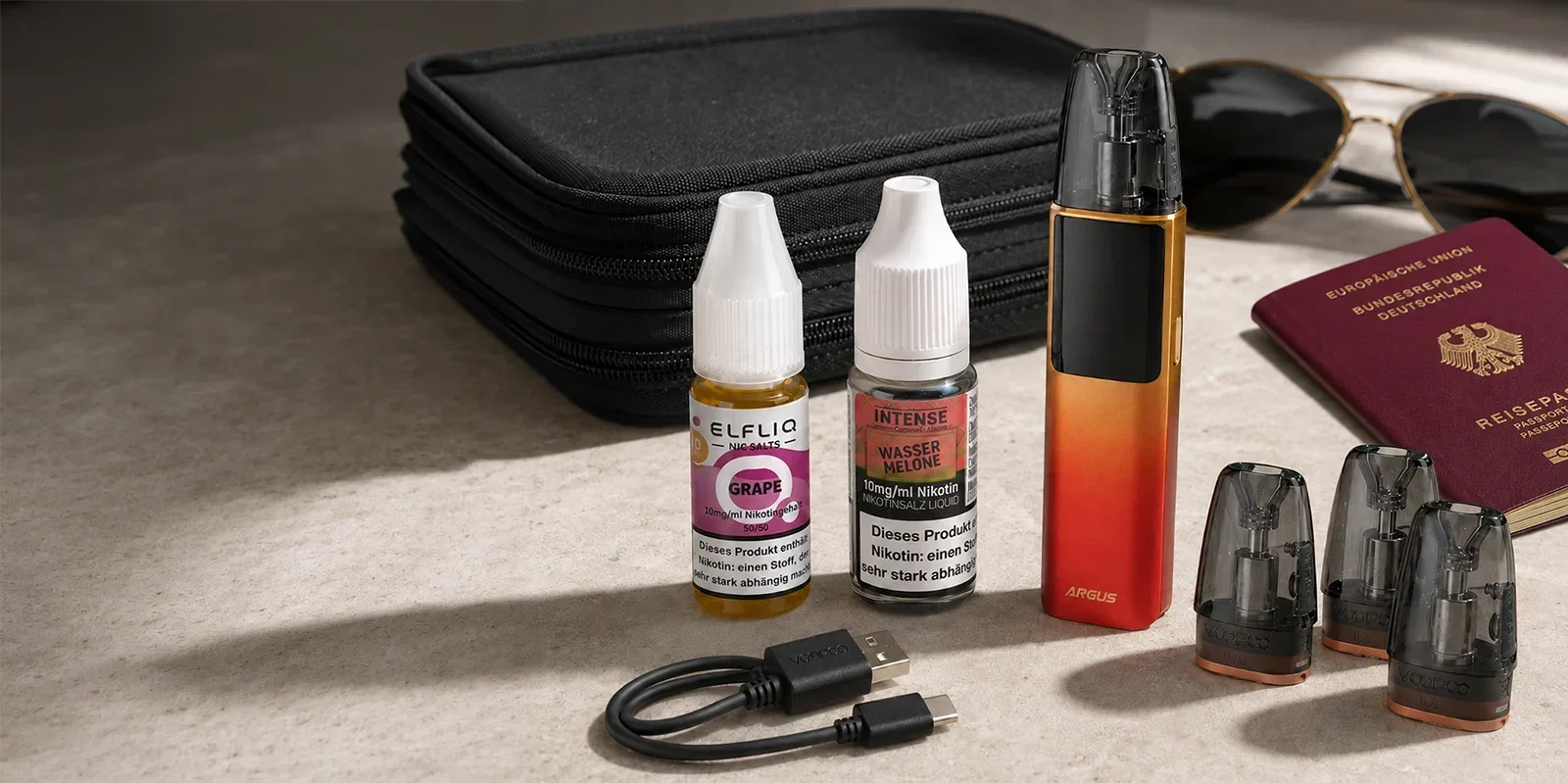 Reise-Set mit E-Zigarette, Liquid, Ersatz-Pods und Case